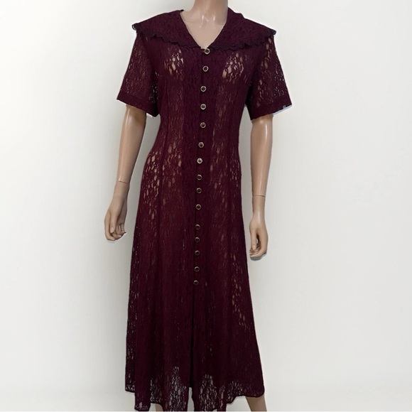 unbranded Dresses & Skirts - VTG Burgundy Lace Button-Down Long Dress Size L Short Sleeve